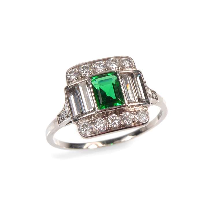 Art Deco emerald and diamond geometric cluster ring